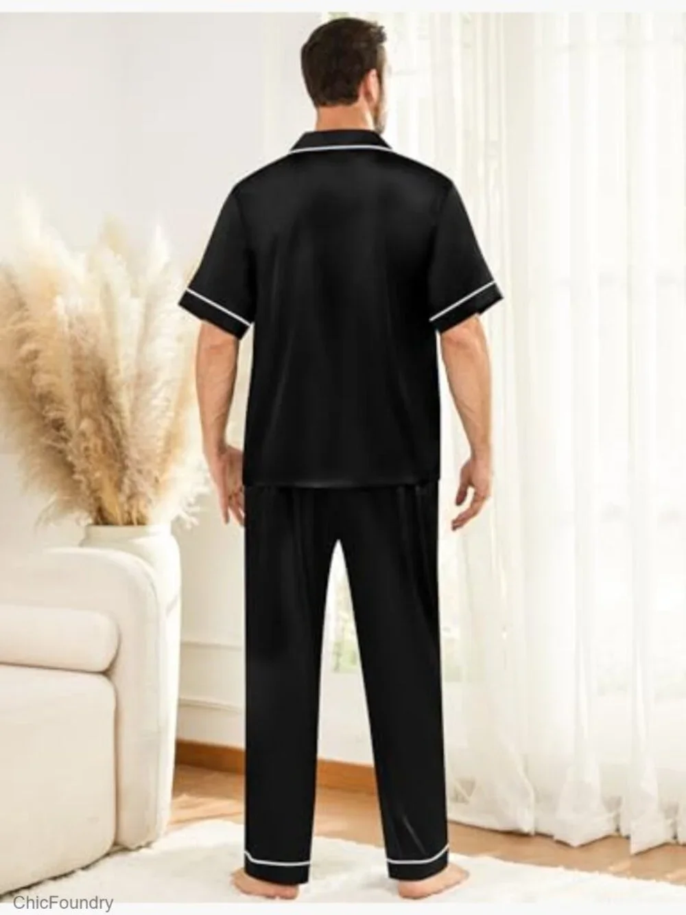 Men's Silk Pajama Set Short Sleeve Button Down Lounge Set with Pockets S-3XL